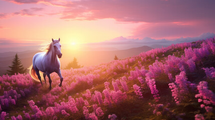 Adorable horse running in the violet meadow, copy space