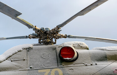Close-up of the rotor mechanism of a helicopter in frost
