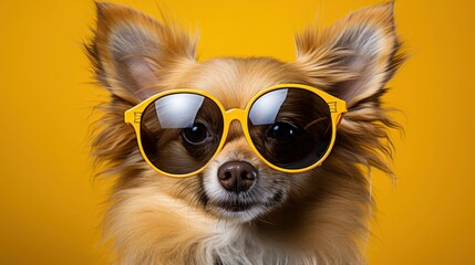 Funny Dog Sunglasses On Yellow Illuminating, Comic background, Background Banner