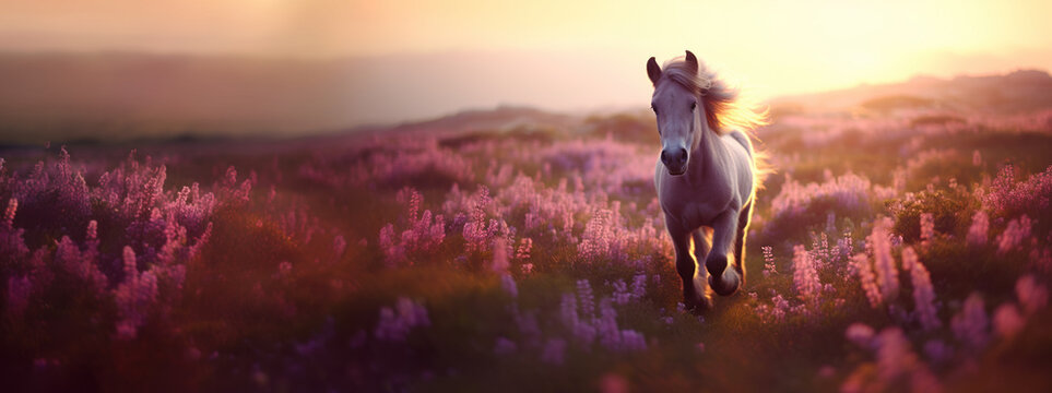 Adorable pony running in the meadow, copy space