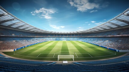 a football stadium with blue seats
