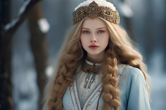 Caucasian albino girl model, long hair, embroidery, kavkazian costume, girl with white eyelashes, light blue eyes, georgian national female costume, north viking style. generative AI