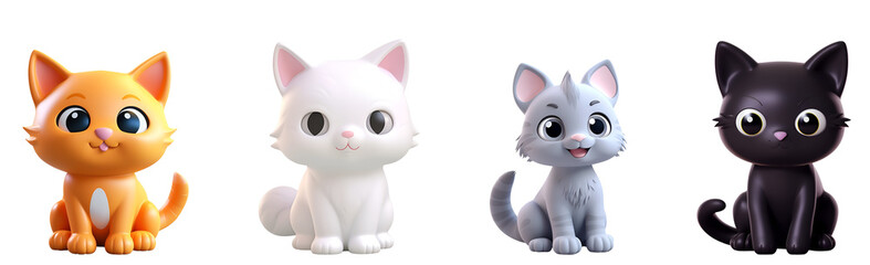 Fototapeta premium A set of cute 3D cats in render style illustration: gray cat, orange cat, white cat, and black cat, Isolated on Transparent Background, PNG