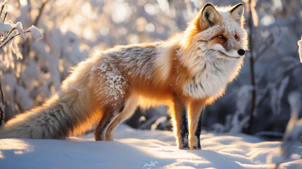 Fluffy red fox in winter forest
