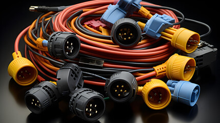 Colorful wire harness and plastic connectors for vehicles, automotive industry, and manufacturing, - obrazy, fototapety, plakaty