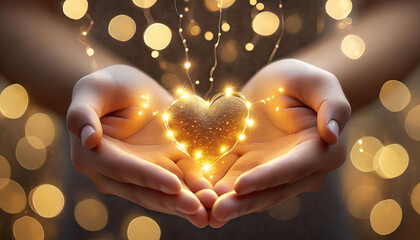 golden heart in the hands of the person
