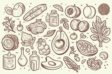 Fototapeta na wymiar Illustration in line art style assortment of nutritious food items, fruits, and vegetables. Concept of a balanced diet, healthy eating, vegetarian, and vegan plant-based diet. 