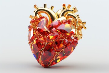 a gold and red heart with jewels