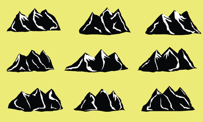 Mountain vector icons set. Set of mountain silhouette elements. Outdoor icon snow ice mountain tops, decorative symbols isolated. Camping mountain logo, travel labels, climbing or hiking badges 0 1 1