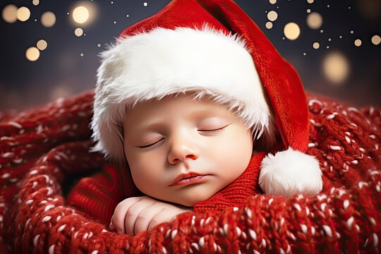 Newborn Baby Sleeping and Wearing Santa Hat