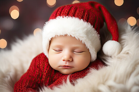 Newborn Baby Sleeping and Wearing Santa Hat  