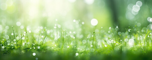 Obraz premium Symphony of nature. Vibrant green meadow bathed in morning sunlight and dew drops. Celestial glow. Bright green embracing warmth of summer
