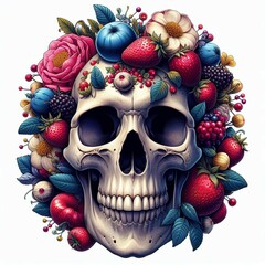 Skull Face Death Halloween Bones Vector Illustration.Mexican Traditional Horror Skeleton Flower Floral Gothic Ornament Pattern Tattoo Art.Culture Decoration Isolated Emblem Poster Graphic Symbol
