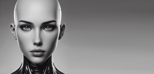 A photo-realistic black and white digital illustration of a beautiful, bald, futuristic woman staring into camera. Generative AI. - obrazy, fototapety, plakaty