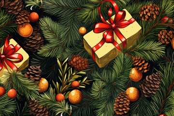 Illustration background of branches, Christmas tree balls. Happy New Year 2024.