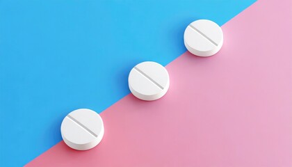  Three white medicine pills on a blue and pink background. 3d rendering; copy space. Generative AI.