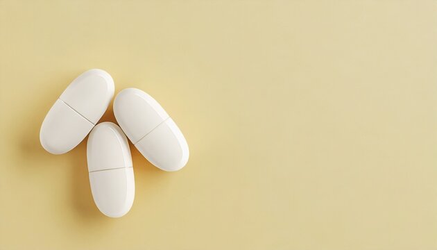  Three white pills on a light background. 3d rendering; copy space. Generative AI.
