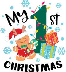 My First Christmas. Baby First Christmas T-Shirt Design. Gingerbread Man with Santa Claus hat with gifts