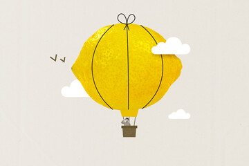 Picture image sketch of funky man flying air balloon aerostat isolated on painted background