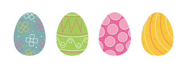 Set of easter eggs in flat style isolated on white background. Happy easter, decorative vector elements collection. Spring holiday. Colored flat easter eggs with different colors and patterns. Vector 