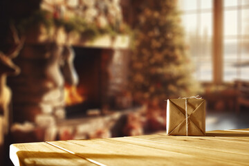 Winter mockup of wooden desk and christmas gifts. Santa Claus home interior with fireplace and  christmas tree. 