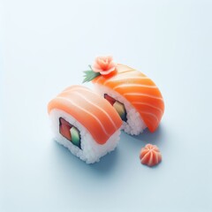 sushi with salmon on a plate on simple background