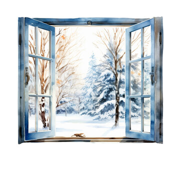 Fenster Winter Aquarell Schneelandschaft Ruhepause Naturblick Wandbild Winterdekor Geschenkidee Entspannende Aussicht Heimische Gem&uuml;tlichkeit Schnee Landschaft Winter Verschneite Landschaft
