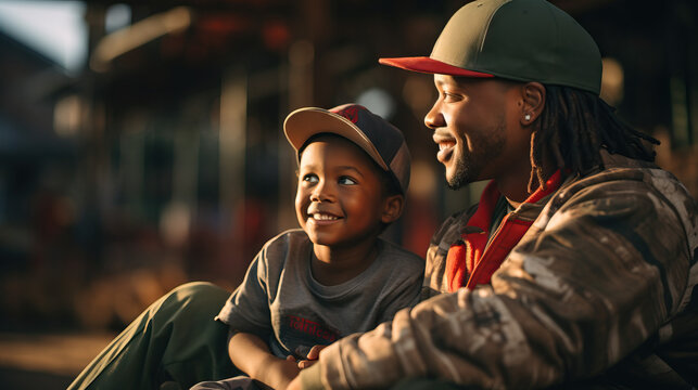 Black dad with son wearing baseball hats. Concept of Father-Son Bonding, Shared Interests, and Sporting Style.