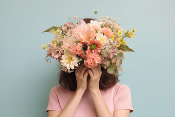 Woman hiding her face behind colorful and big flower bouquet