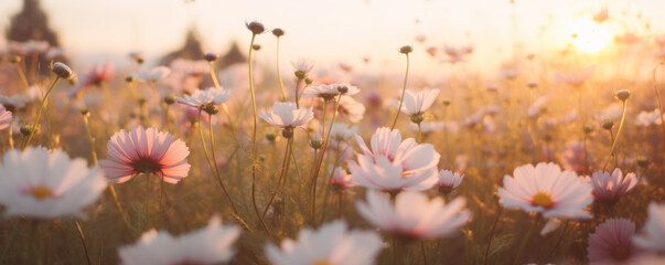 field of big white flowers close up, monochromatic colors, sunset - obrazy, fototapety, plakaty