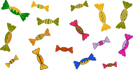 Christmas Sweets in decorative Holiday colour wrappers. Hand drawn outlines retained on some sweets. Select your favourites or use them all. 