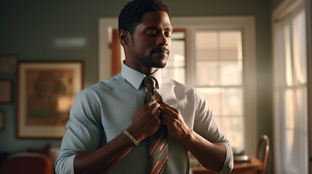 Black man fixing tie, getting ready for the day. Concept of Professional Preparation, Grooming Routine, and Ready for Success.