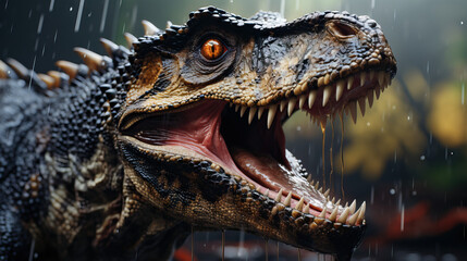 Head of a dinosaur roaring. Close up. Concept of Prehistoric Power, Fierce Roar, and the Majesty of Ancient Beasts.