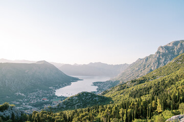 View from a rocky mountain to the valley of the Bay of Kotor. Montenegro