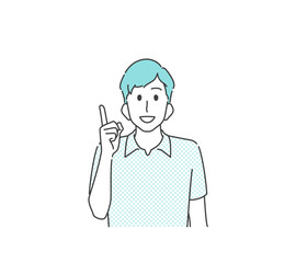 人差し指でポイントのポーズをする笑顔の男性
