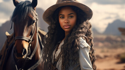 Black girl on the prairie with a horse. Old West. Concept of Frontier Adventure, Equestrian Spirit, and Embracing the Wild Beauty of the Prairie. - obrazy, fototapety, plakaty