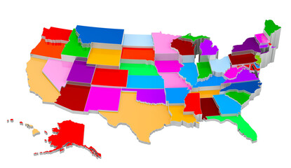 Colored The United States of America map with state borders, 3D rendering isolated on transparent background