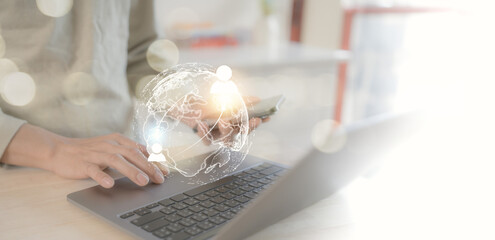 Businesses globe holographic to show ideas to export and logistic around the world by discovery,...