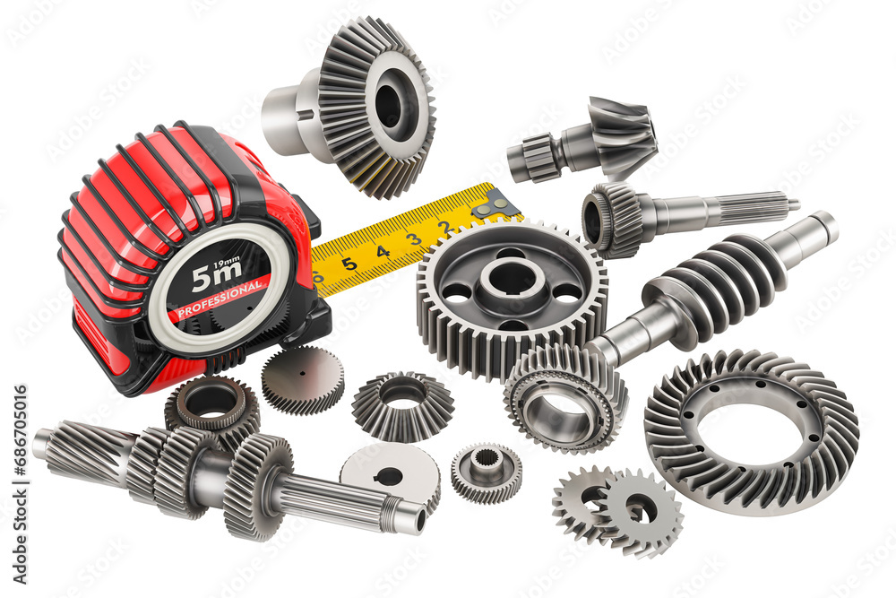 Poster tape measure with steel gearwheels, 3d rendering isolated on transparent background