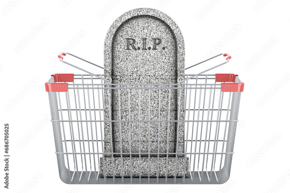 Poster tombstone inside shopping basket, 3d rendering isolated on transparent background