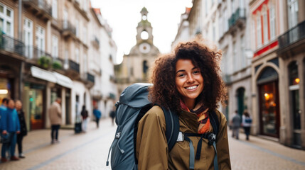 Cheerful Latin American travel blogger in urban setting with backpack
