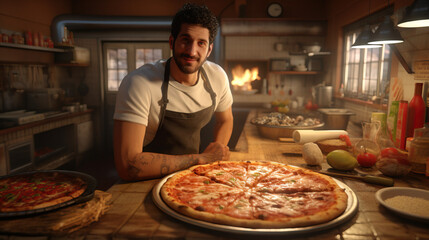 Italian pizza shop owner portrait. Concept of Culinary Craftsmanship, Authentic Pizzeria, and the Art of Perfecting Pizza.