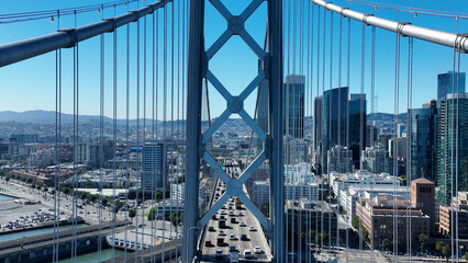 Oakland Bay Bridge At San Francisco In California United States. Cable Bridge Aerial Landscape. Freeway Road Scenery. Oakland Bay Bridge At San Francisco In California United States. 