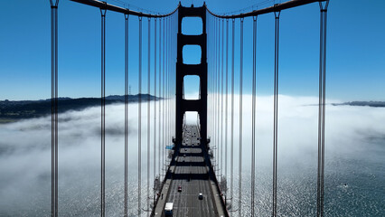 Golden Gate Bridge Fog At San Francisco In California United States. Downtown City Skyline....