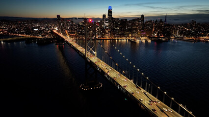 Fototapeta na wymiar Oakland Bay Bridge At San Francisco In California United States. Downtown City Skyline. Transportation Scenery. Oakland Bay Bridge At San Francisco In California United States. 