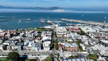 Coastal City At San Francisco In California United States. Downtown City Skyline. Transportation...