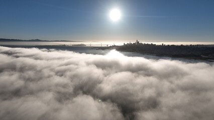Sun Over Water At San Francisco In California United States. Downtown City Skyline. Transportation...