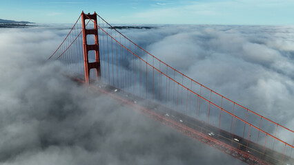 Golden Gate Bridge Fog At San Francisco In California United States. Highrise Building...
