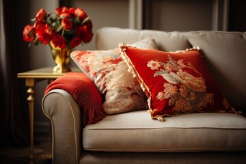 Close up of fabric sofa with red and gold pillows. French country home interior design of modern living room