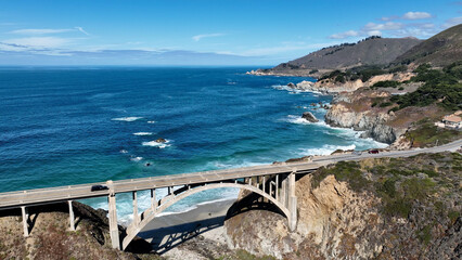 Rocky Creek Bridge At Highway 1 In California United States. Historic Road Trip In Coastal Road Of...